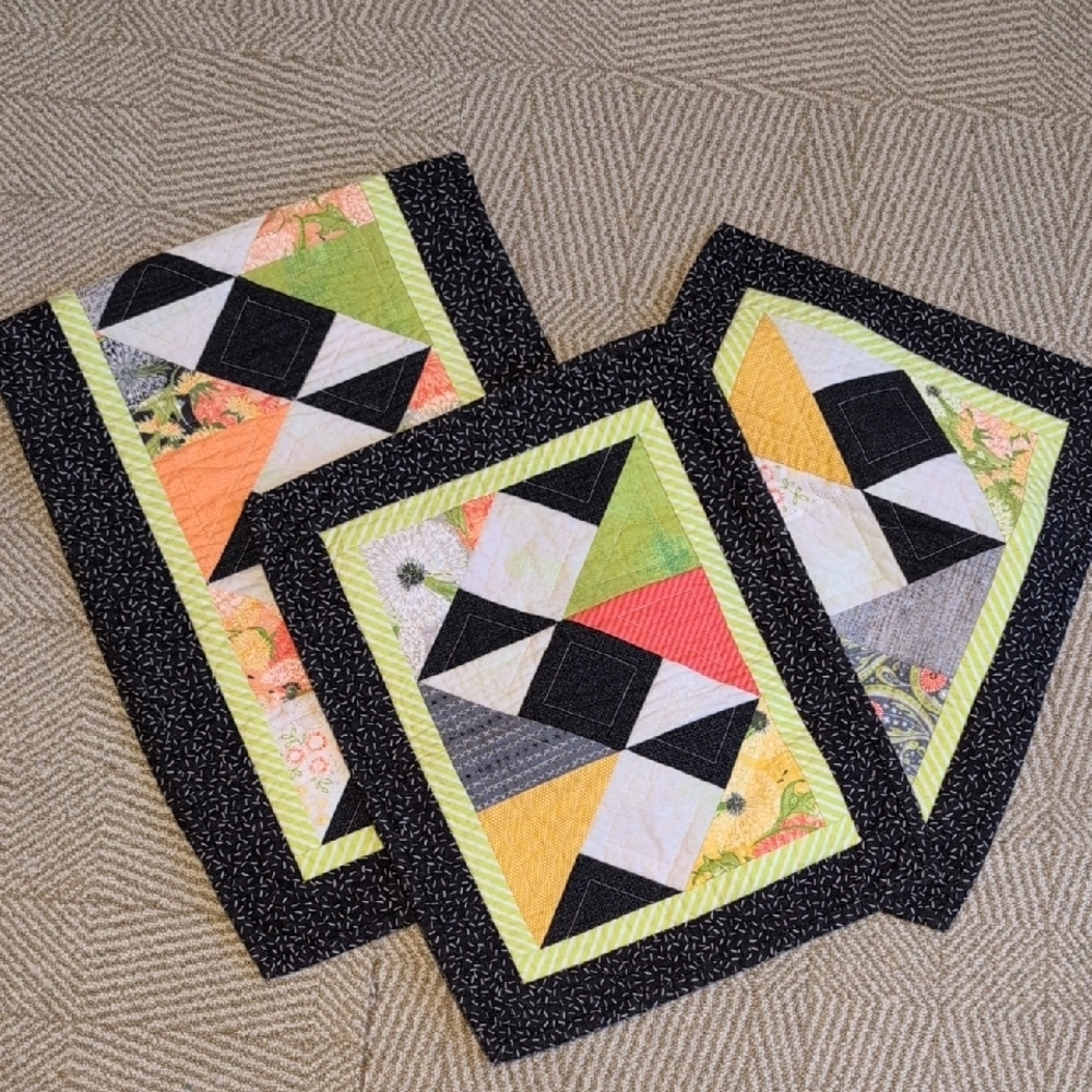 Handmade Bright Quilted Placemat & Table Runner Set Coral Lime Green Black
